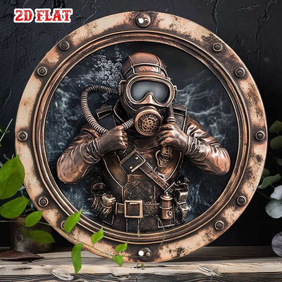 HELLOYOUNG Steampunk Metal Wall Art Vintage Diver Helmet Sign, 7.8 Inch Round Rustic Tin Sign, Garage Cafe Home Garden Decor, No Power Needed