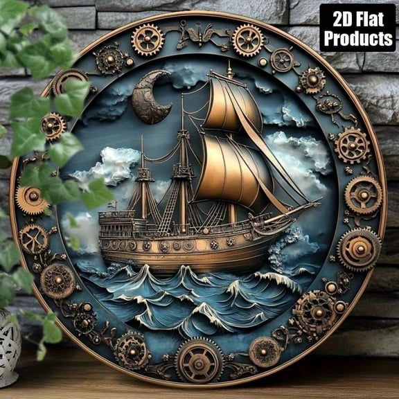 HELLOYOUNG Steampunk Nautical Ship Wall Art, Dark Blue Gold Aluminum Round Plaque with Gears and Moon, Vintage Mechanical Decor