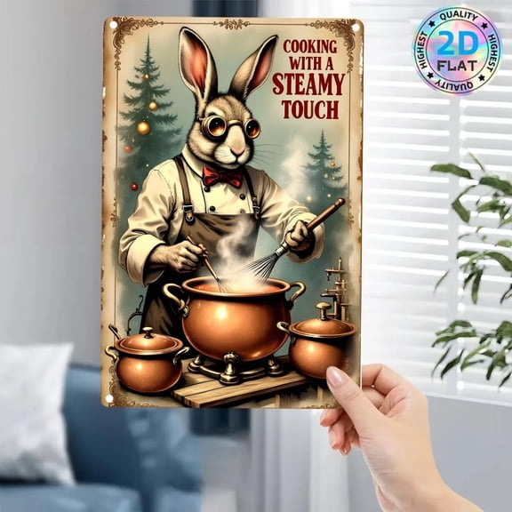 HELLOYOUNG Steampunk Rabbit Metal Wall Art Decor 8x12 Inch Retro Tin Sign for Easter Christmas Home Bar Kitchen Garage Vintage Industrial Decor Gift