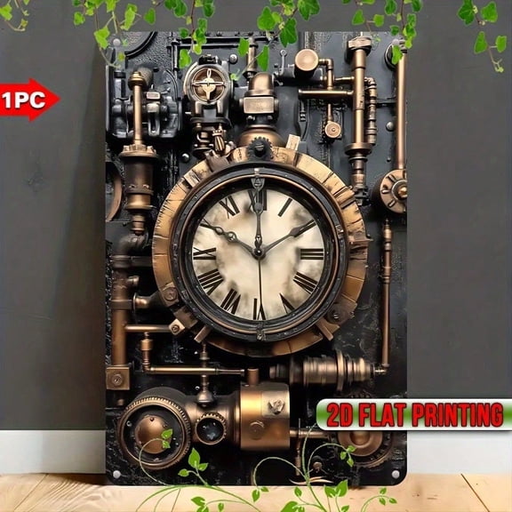 HELLOYOUNG Steampunk Vintage Iron Wall Decor 8x12 Inch UV Printed Tin Plaque Clock Gear Indoor Outdoor Sign with Pre-Drilled Holes