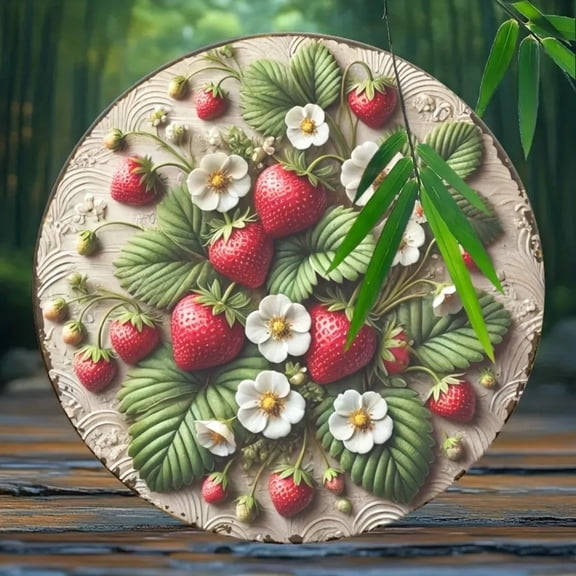 HELLOYOUNG Strawberry Wall Art Rustic Farmhouse Fruit Decor, Handmade 2D Metal Tin Sign for Home Bar Cafe Kitchen, Cute Berry Painting 8x8 Inch