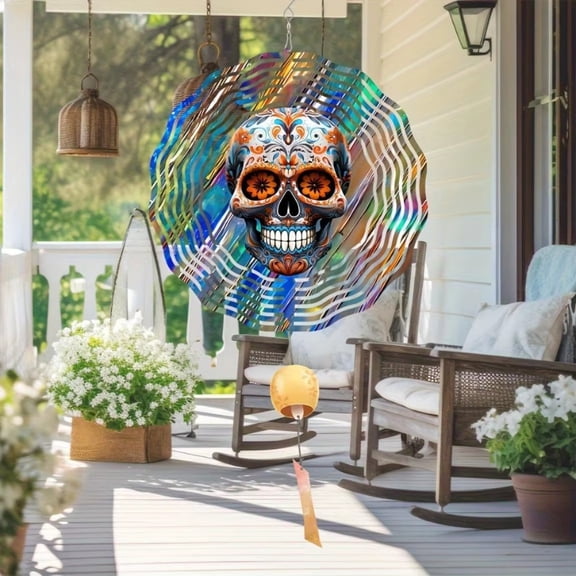HELLOYOUNG Sugar Skull Wind Spinner Outdoor Garden Decor Metal Wind Chimes Laser-Cut 360 Rotating Wind Spinner for Patio Yard