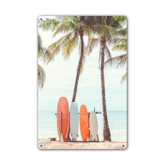 HELLOYOUNG Summer Tin Vintage Tin Art: Summer Beach Scene Ideal for American Bar Backdrops Home Decor Wall Murals Weatherproof Tin Art