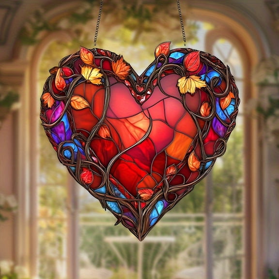 HELLOYOUNG Sun Catcher Acrylic Window Decor, Autumn Foliage Heart Red Stained Glass Style Outdoor Indoor Wall Art for Home Garden Balcony, Vibrant Valentine Mothers Day Birthday Gift