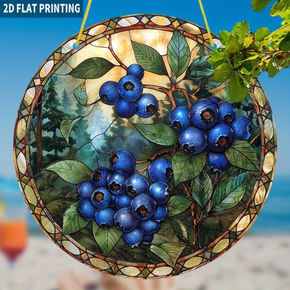 HELLOYOUNG Sun Catcher Window Hanging Acrylic Glass Blueberry Pine Design Sun Catcher Flat Round Vivid Stained Glass Style Quiet Berry Forest Decor