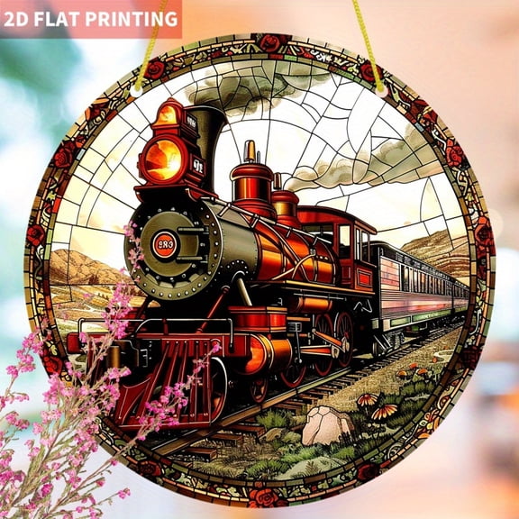 HELLOYOUNG Sun Catcher Window Hanging Printed Vintage Steam Train Art Colorful Acrylic Stained Glass Decor for Garden, Home, Wall, and Car Window