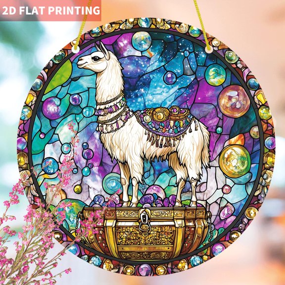 HELLOYOUNG Sun Catchers for Window 7.87 Inch Round Acrylic Suncatcher with Treasure Box  Acrylic Sun Catcher Window Pendant Boho Wall Decor, Alpaca Home Decor for Living Room