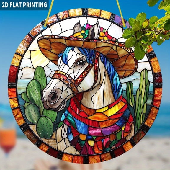 HELLOYOUNG Sun Catchers for Windows Vintage Stained Glass Wall Decor with Horse Design 7.87 Inch Round Home Decor Art for Living Room Bedroom and Office Gifts