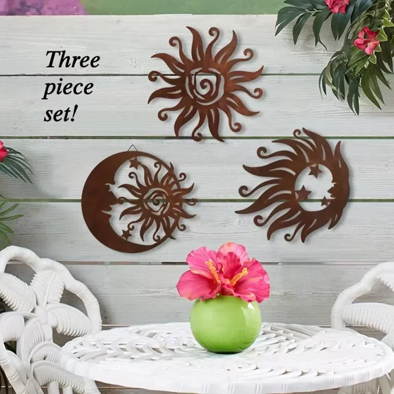 HELLOYOUNG Sun Silhouette Wall Hangings 3-Piece Set Hand-Forged Iron Wall Sculpture Sunburst Art Living Room Bedroom Decor Wall Art Accessories for Home Decor