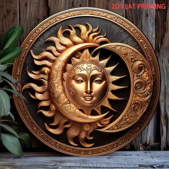 HELLOYOUNG Sun and Moon Wall Art 8 Inch Round Aluminum Plaque, Golden Embossed 2D Flat Sign for Home Office Bar Decor, Indoor Outdoor Metal Art