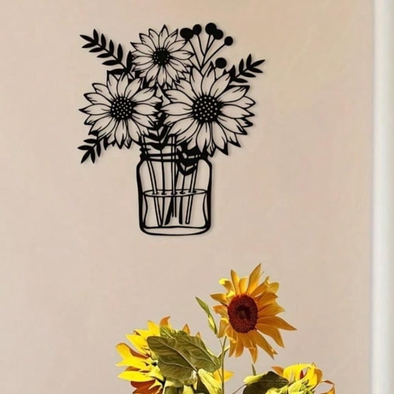HELLOYOUNG Sunflower Black Metal Wall Decor Sculpture, Rustic Hanging Wall Art for Kitchen Bathroom Indoor Outdoor, Decorative Metal Vase Gift for Home Office Garden Statue