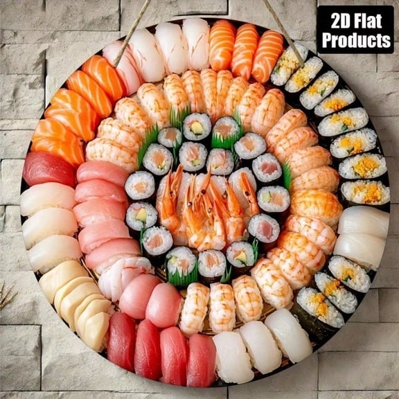 HELLOYOUNG Sushi Pirate Ship Wall Art, 2D Wooden Round Wall Decor Sign 8 Inch with Fish, Wooden Wall Decor, Unique 3D Home Decor for Kitchen Living Room