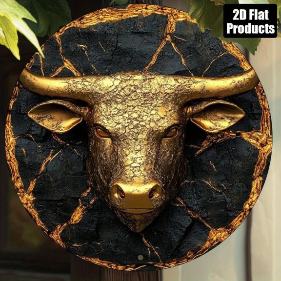HELLOYOUNG Taurus Bull Head Metal Sign 8x8 Inch Vintage Wall Art, Golden Black Cracked Texture Home Office Decor