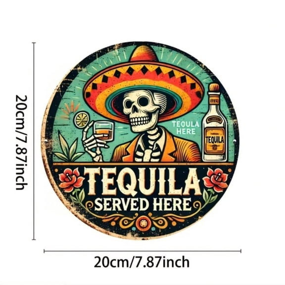 HELLOYOUNG "Tequila Served Here" Vintage Round Metal Wall Art, Bold Bar Sign for Bedroom & Home Bar, Fun Gift