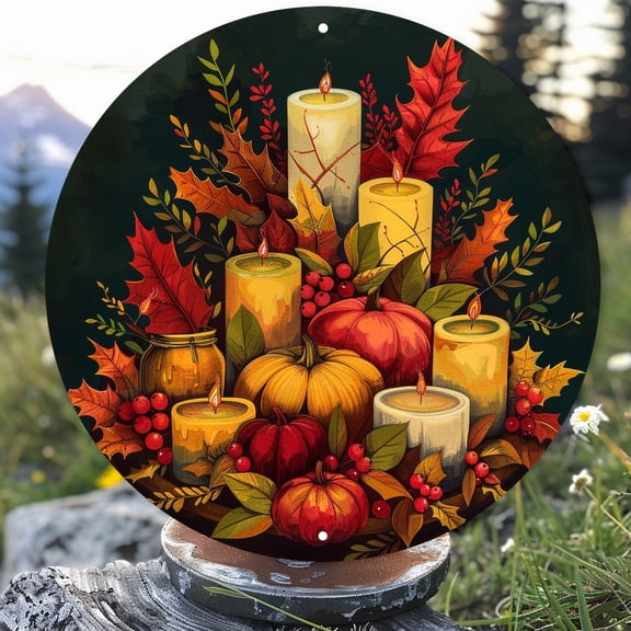 HELLOYOUNG Thanksgiving Metal Sign Rustic Fall Decor, 2D Round Harvest Sign with Leaves Berries Candles, Home Wedding Birthday Party Wall Art Decor Gift