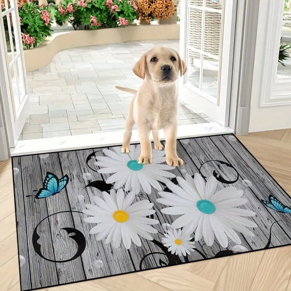 HELLOYOUNG Thickened Non-Slip Machine Washable Polyester Doormat, Absorbent Diatom Mud Floor Mat for Indoor Outdoor Bedroom Hallway Entryway Grey Board Big Daisy Butterfly