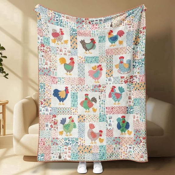 HELLOYOUNG 30x40in  Throw Blanket Chicken Pattern, Soft Cozy Quilted Patchwork Blanket for Bed Sofa Living Room, Country Style Rooster Design Decorative Blanket
