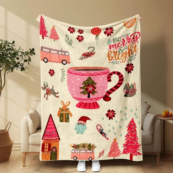 HELLOYOUNG Throw Blanket, Christmas Tree & Coffee Cup Pattern Soft Plush Blanket, Cozy Flannel Fleece for Home Office Travel Camping Bedding