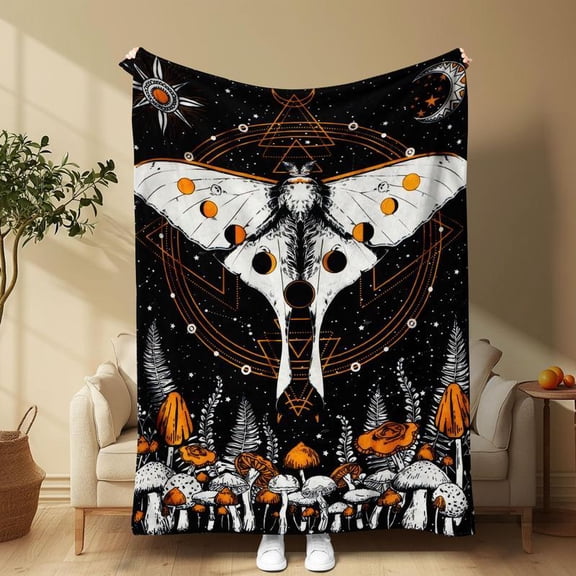 HELLOYOUNG Throw Blanket, Soft Plush Fuzzy Blanket, Moth and Mushroom Pattern Flannel Bed Blanket for Bedroom Couch, Home Office Travel Camping Gift