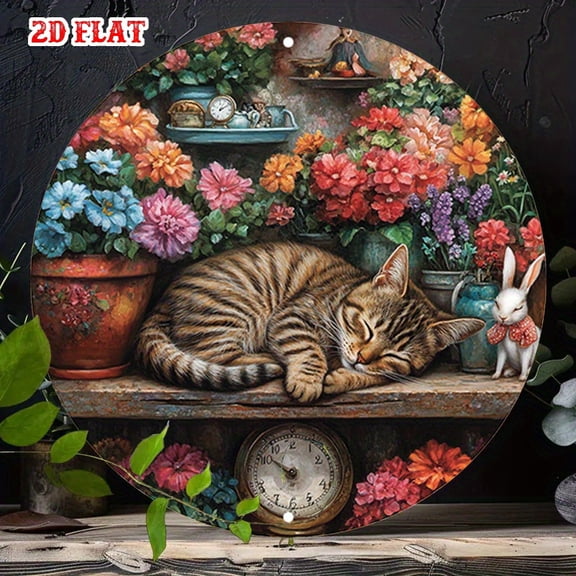 HELLOYOUNG Tin Metal Sign Vintage Sleeping Cat Wall Art, Retro Round Clock with Flowers, Rustic Home Decor for Living Room, Bedroom, Beach House, Indoor Outdoor Garden Backyard