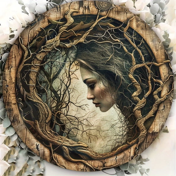 HELLOYOUNG Tree Spirit Carved Sign -Round 2D Metal Wall Art for Indoor/Outdoor Home Farm Restaurant Garage Garden, Forest-Inspired Gift**