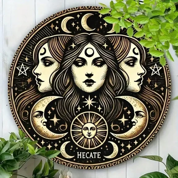HELLOYOUNG Triple Moon Goddess Hecate Metal Wall Art Pagan Altar Plaque 7.8 Inch Witchcraft Decor