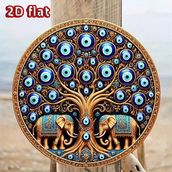 HELLOYOUNG Turkish Evil Eye Metal Wall Decor 7.8 Inch Round 2D Flat Sign with Pre-Drilled Holes for Home