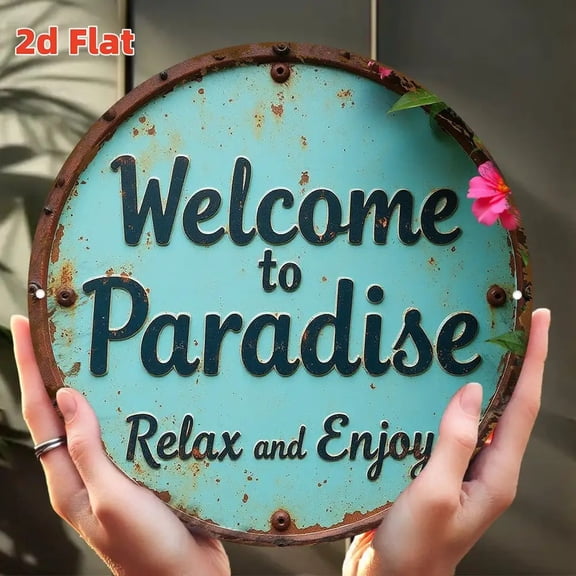 HELLOYOUNG Turquoise Round Metal Sign Vintage Beach House Wall Decor Paradise Aluminum Art for Indoor Outdoor