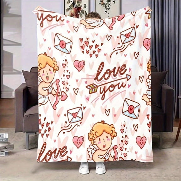 HELLOYOUNG Ultra-Soft Flannel Throw Blanket, Pink Romantic Heart & Angel Pattern, Love You Script, All-Season Cozy Decor for Sofa or Bed, Valentine's Day Gift for Couples, Lightweight Accent Throw