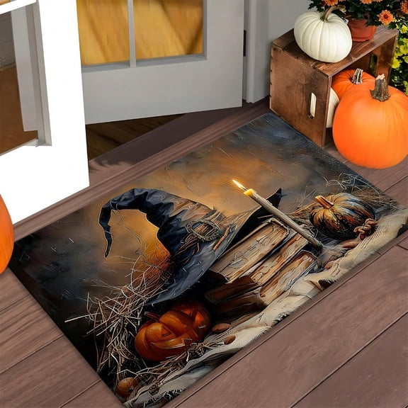 HELLOYOUNG Ultra-Soft Non-Slip Flannel Doormat, Halloween Gothic Witch Hat Book Pattern Absorbent Rug, Machine Washable Colorfast for Kitchen Bathroom Bedroom Indoor Outdoor Entryway