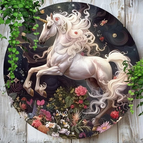 HELLOYOUNG Unicorn Metal Wall Art - Vintage Sign, Classic Round Plaque for Home Office Room Party Decor, No Power Needed, Easy Install