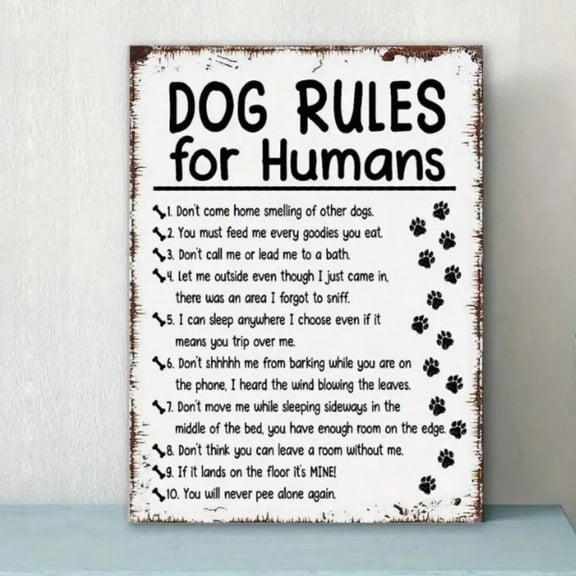 HELLOYOUNG Unrivaled Human Dog Rules Metal Wall Art, 8x12 Inch Fantastical Aluminum Sign with Wooden Frame, Home Decor, Dog Lover Gift