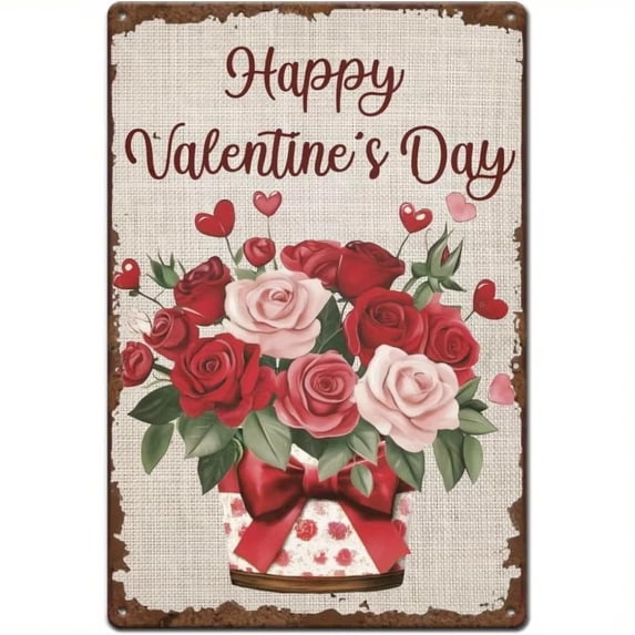 HELLOYOUNG Valentine Metal Tin Sign, Retro Rose Heart Wall Decor, Vintage Home Bedroom Man Cave Art, No Wiring Wedding Anniversary Gift, Rustic Wall Plaque