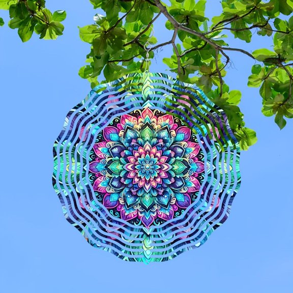 HELLOYOUNG Vibrant 10-Inch Kinetic Mandala Wind Spinner, 360 Rotating Metal Patio Decor with Hypnotic Geometric Patterns for Yard, Garden Balcony