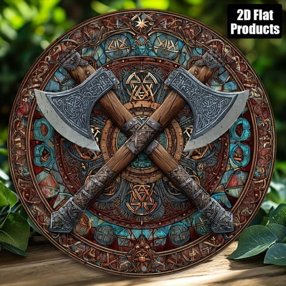 HELLOYOUNG Viking Axe Metal Wall Decor 8x8 Inch Circular Aluminum Plaque for Home Bar Cafe Office, Halloween Christmas Gift, Vintage Norse Art Rustic Wall Hanging Decor