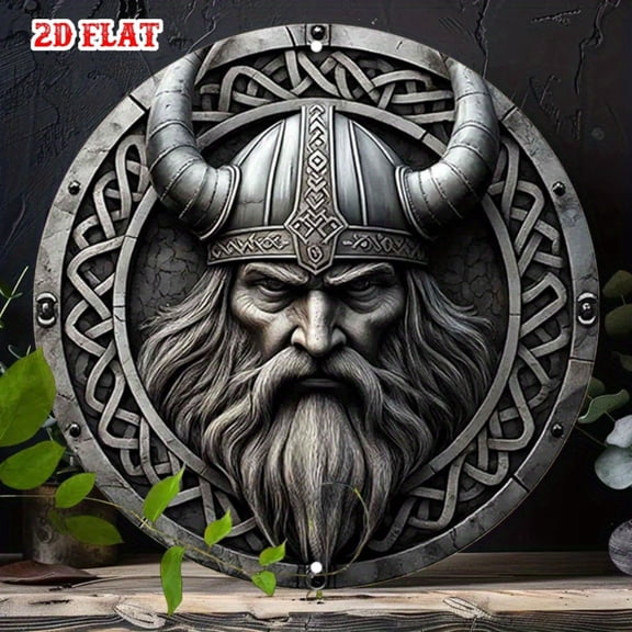 HELLOYOUNG Viking Metal Wall Art 7.87x7.87 Inch Round Aluminum Sign, Norse Warrior Celtic Knot & Horned Helmet Retro Decor for Home Garage