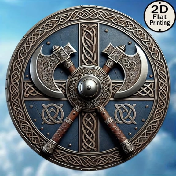 HELLOYOUNG Viking Shield Metal Wall Art Decor, 8 Inch Medieval Knight Round Sign, 2D Printed Retro Metal Tin Sign for Home Bar Cafe Man Cave Gift