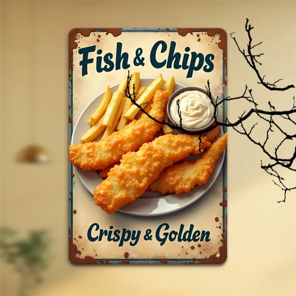 HELLOYOUNG Vintage 8x12 Inch Metal Wall Sign Retro Fish and Chips Pub Decor for Kitchen Bar Cafe, Rustic Tin Art Decor for Home, Pub, Restaurant