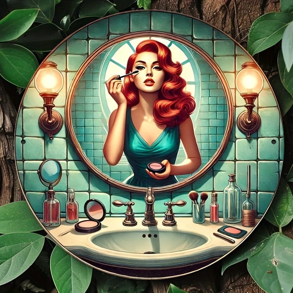 HELLOYOUNG Vintage 8x8 Inch Metal Tin Sign Retro Round Aluminum Wall Art Women's Bathroom Makeup Decor Easy To Hang Gift for Home Kitchen
