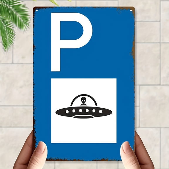 HELLOYOUNG Vintage Alien UFO Metal Wall Art Rustic Blue Iron Parking Lot Sign Home Office Bar Decor 8x12 Inch