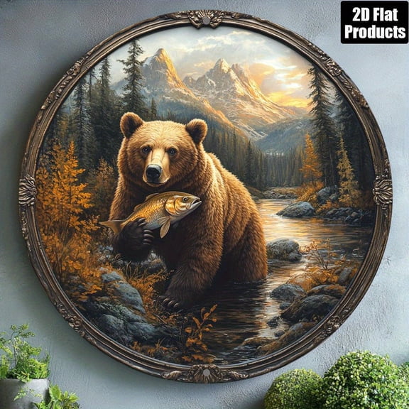 HELLOYOUNG Vintage Aluminum Wall Art Bear Fishing Mountain Scene, 8x8 Inch Rustic Cabin Decor, Durable Metal Sign for Home Bar Cafe Office Man Cave Gift