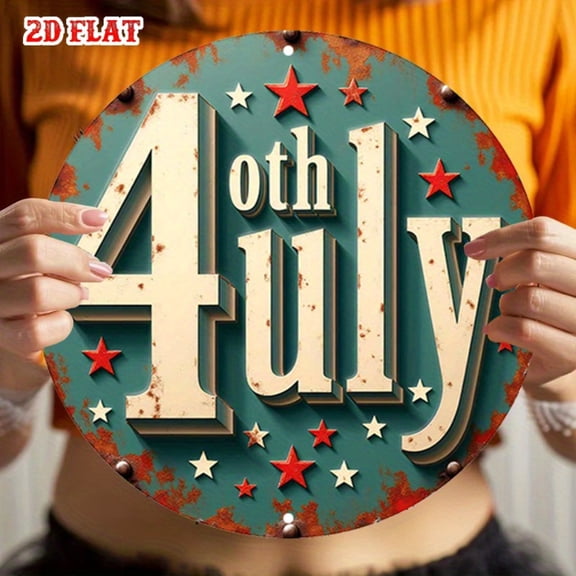 HELLOYOUNG Vintage Americana Metal Wall Art 7.87" Round Patriotic Teal Gold Stars Sign, Rustic Home Decor for Living Room, Garage, Bar