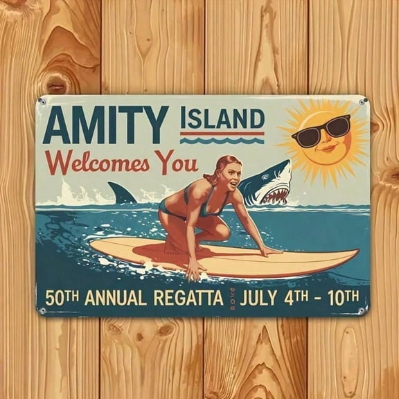 HELLOYOUNG Vintage Amity Island Tin Metal Sign 8x12 Inch, Retro Beach Wall Decor for Home Bar Pub Garage, Rustic Novelty Welcome Plaque