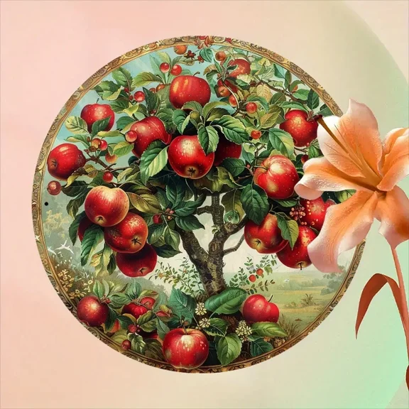 HELLOYOUNG Vintage Apple Tree Metal Sign 7.87 Inch Round Aluminum Wall Decor for Home Kitchen Garden Rustic Farmhouse Hanging Plaque
