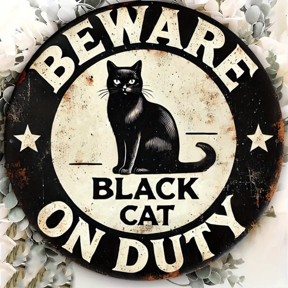 HELLOYOUNG Vintage "BEWARE BLACK CAT ON DUTY" Sign - Rustic Aluminum Metal Tin Outdoor Wall Decor