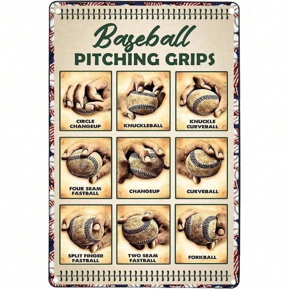 HELLOYOUNG Vintage Baseball Metal Tin Sign 8x12 Inch, Pitching Grips Retro Metal Wall Art Plaque for Man Cave Bar Garage Pub Home Decor