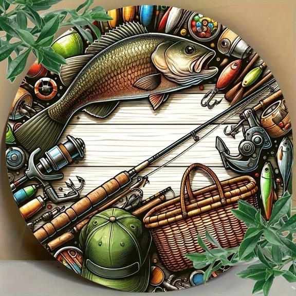 HELLOYOUNG Vintage Bass Wall Art Metal Fishing Sign Round Aluminum Engraved Decor for Home Lodge Man Cave