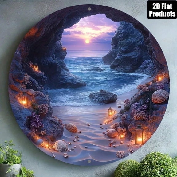 HELLOYOUNG Vintage Beach Shells 8x8 Inch Metal Wall Art, 2D Circular Ocean Scene Decor for Home Bar Cafe Office, Unique Coastal Gift