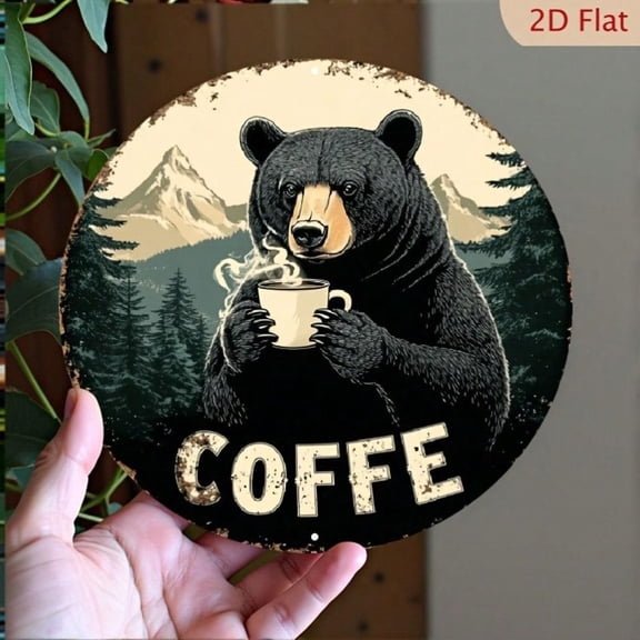 HELLOYOUNG Vintage Bear Coffee Tin Sign, 8x8 Inch Retro Black Bear Metal Wall Art for Kitchen Bar Cabin, Rustic Home Decor Hanging PlatePlaques & Signs Wall Panels