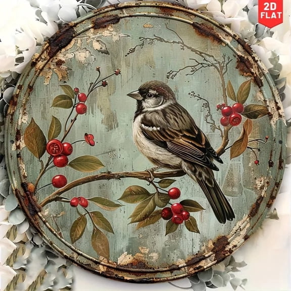 HELLOYOUNG Vintage Bird & Cherry 2D Flat Round Aluminum Metal Sign for Home Kitchen Garden Decor